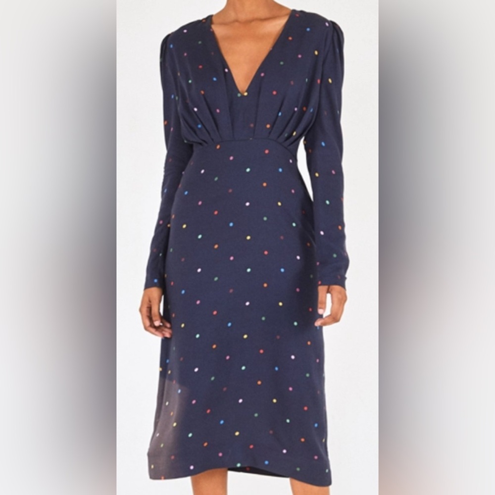 Navy Polka Dot V-Neck Long Sleeve Dress - Picture 2 of 10